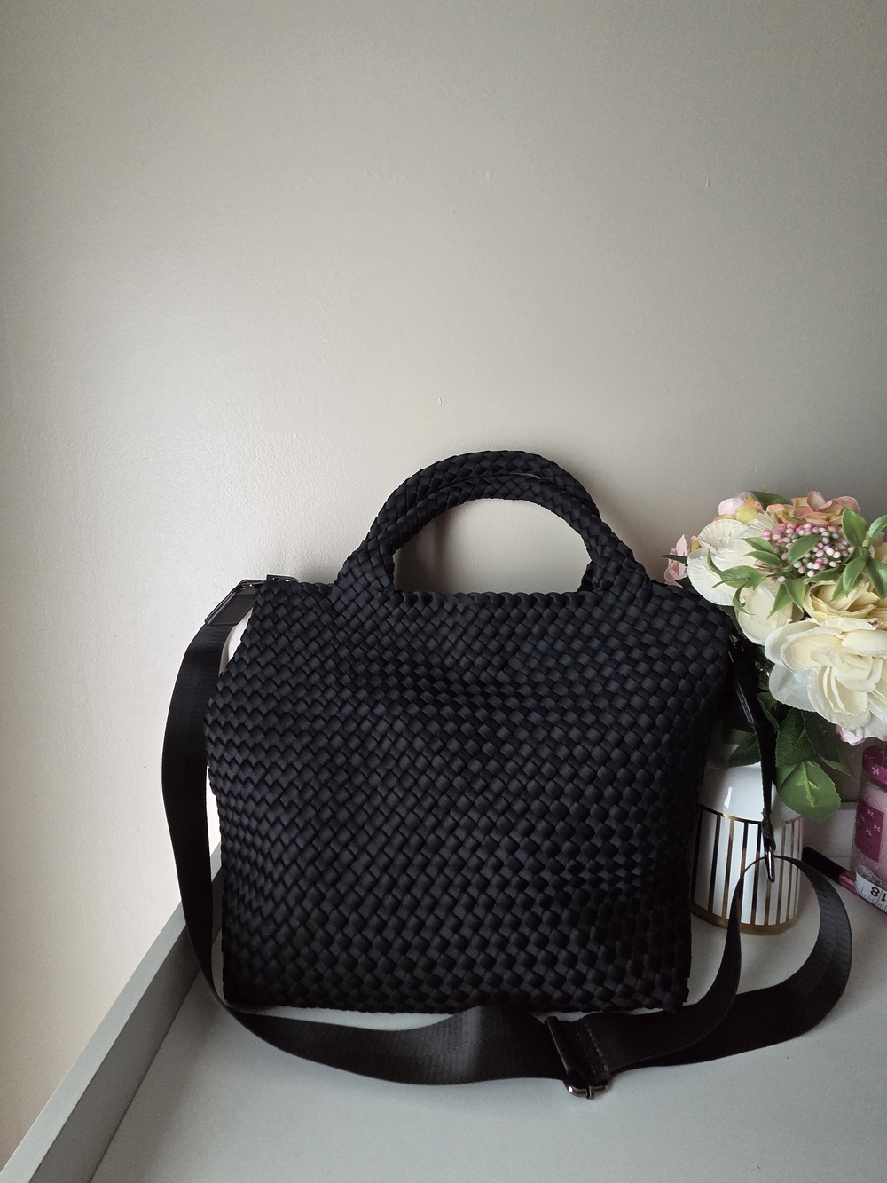Woven Black Tote Bag with Crossbody Strap